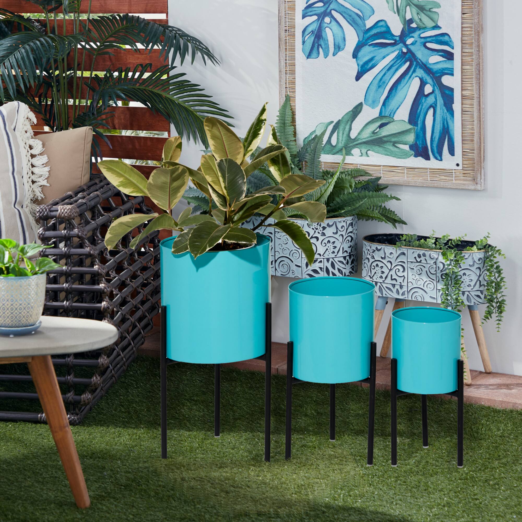 Teal Metal Contemporary Planter Set